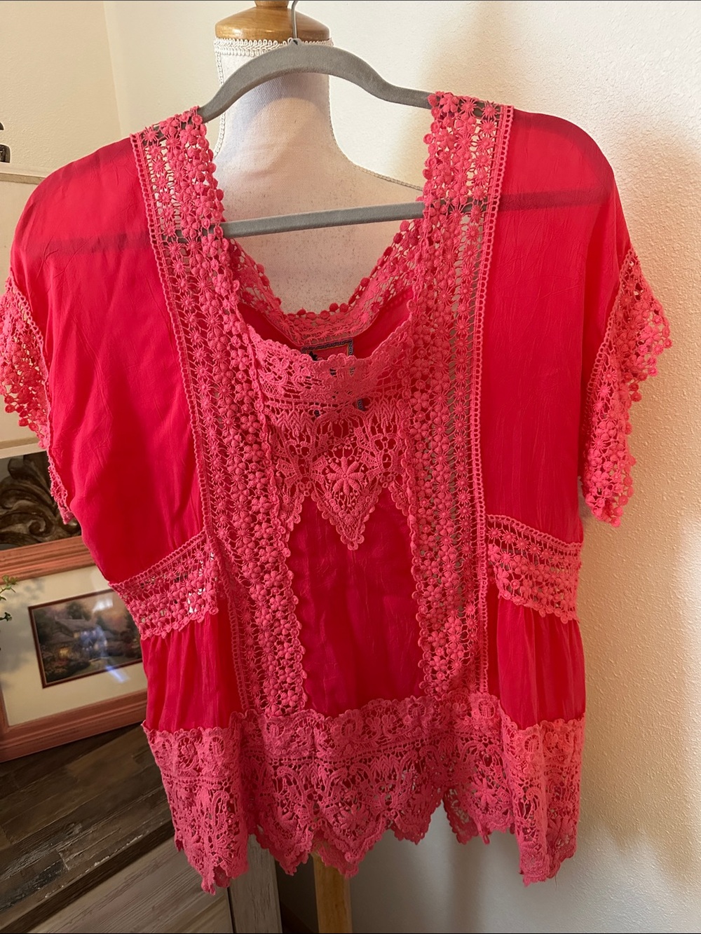 Johnny Was Coral Red Crochet Lace Tunic Top